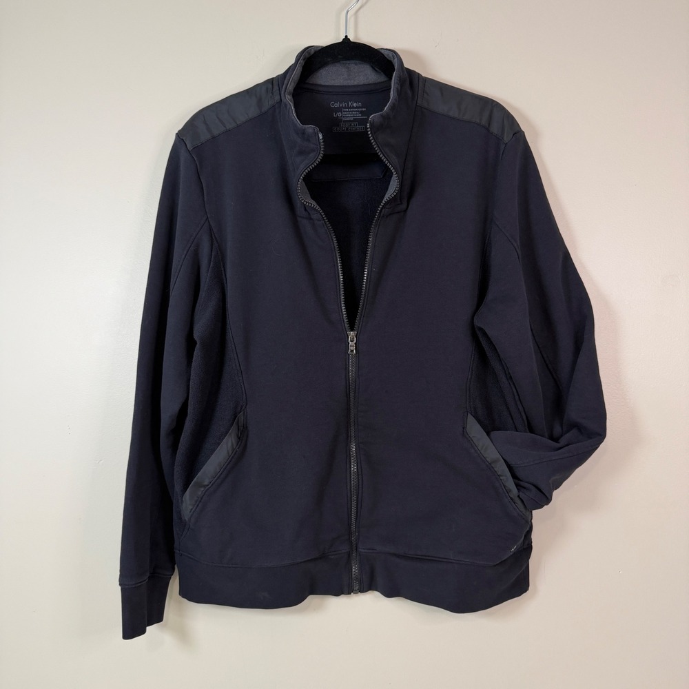 Calvin Klein Mens Full Zip Jacket Black Body Fit Mock Neck Cotton Size Large